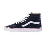 Zapatillas Vans Sk8-Hi de caña alta color azul marino con la clásica sidestripe blanca en los laterales, suela de goma blanca con línea roja y cordones blancos.