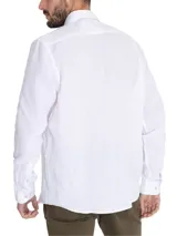 Camisa de manga larga blanca de lino orgánico con tejido melange, cuello clásico, cierre con botones y logo bordado al tono.