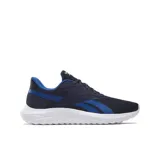 Championes Reebok Lux Running para hombre, color azul marino con detalles en azul eléctrico y suela blanca. Zapatillas versátiles para correr, caminar o uso diario. Parte superior sintética y textil con cierre de cordones.