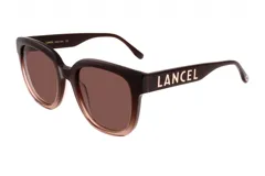 Lentes de sol Lancel con montura cuadrada de acetato color marrón degradado y lentes marrones. El logo de la marca está grabado en las patillas.