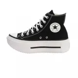 Championes Converse Chuck Taylor All Star Lift de caña alta, color negro con detalles en blanco, plataforma con doble suela y cordones blancos.