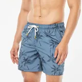 Short de baño azul con estampado de palmeras negras y cordón ajustable blanco.