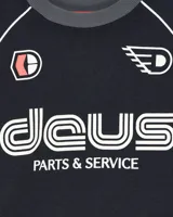 Buzo negro de algodón con cuello redondo, puños y cintura acanalados en gris. Estampado frontal con el logo de Deus Ex Machina en blanco y detalles gráficos en blanco y naranja.
