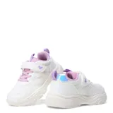 Zapatillas deportivas blancas con detalles en lila, ajuste con cordones elásticos y tira de velcro con un corazón.