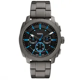 Reloj Fossil Machine con caja de acero plateado de 42mm y esfera negra con detalles en azul. Cuenta con pulsera de acero inoxidable plateado y subesferas de cronógrafo. Resistencia al agua de 5 ATM.