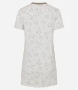 Camisón corto de viscosa, color blanco, con cuello redondo en contraste y mangas cortas. Presenta un estampado de contorno de animalitos.