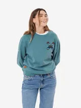Sudadera azul con estampado en forma de X en la espalda, corte regular fit y cuello redondo.