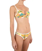 Calzón de bikini con estampado abstracto en tonos naranja, verde, amarillo, celeste y rojo. Tiene ribete blanco.