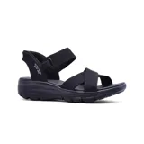 Sandalias Skechers Hands Free Slip-ins Relaxed Fit: Easy Going - Somewhere Sunny de color negro. Diseñadas con Heel Pillow, capellada de cuero sintético con paneles elásticos dobles y tiras cruzadas en el empeine, y plantilla con amortiguación Yoga Foam.