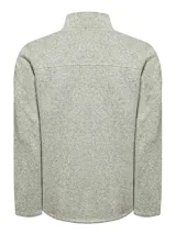 Buzo polar color gris jaspeado, con cuello alto, medio cierre frontal y bolsillos laterales. Confeccionado con fibras de poliéster reciclado.