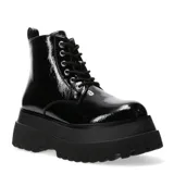 Botas de mujer estilo militar, caña media, color negro, con cordones y suela plataforma gruesa y dentada.