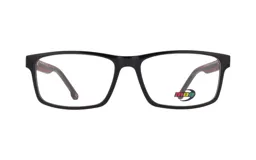 Armazón para lentes de receta MDQ modelo Z02, color negro con interior marrón. Diseño rectangular con logo de la marca en el lateral.