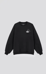 Buzo negro de frisa 100% algodón, de calce oversize y cuello redondo. Estampado pequeño en el frente del personaje Mickey Mouse enojado.