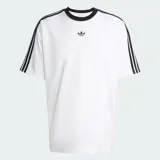 Camiseta de fútbol estilo retro, color blanco, con cuello redondo negro y tres franjas negras a lo largo de las mangas. Presenta el logo del Trifolio de Adidas en negro en el pecho.