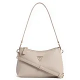 Cartera Guess modelo Noelle II color hueso, con correa de hombro ajustable y logo triangular dorado en el frente.
