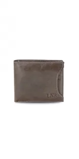 Billetera marrón de cuero con bolsillo al frente, tarjetero extraíble con elástico, doble compartimento para billetes, tarjeteros y bolsillos.