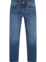 Pantalón de jean azul de corte recto, con efecto desgastado, cinco bolsillos y cierre de botón y cremallera. Confeccionado en algodón y elastano.