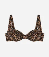 Top de bikini con estampado de cebra en tonos marrones y negros. Tiene corte media taza con breteles anchos fijos y lazo en la espalda.