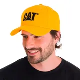 Gorro de gabardina color marrón con logo CAT bordado en negro en el frente.