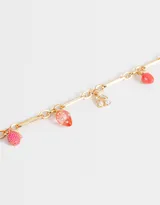 Collar corto dorado con cadena de eslabones y dijes de frutas: cereza, manzana, frutilla y durian.