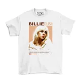 Remera color crema con estampado de Billie Eilish y el texto 'Happier Than Ever'.