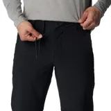 Pantalón negro de corte recto, con cintura ajustable con cordón, rodillas articuladas, bolsillos para las manos, bolsillo de seguridad con cremallera, detalle de refuerzo, detalle de anilla en D, bolsillos traseros, trabilla para cinturón multifuncional.