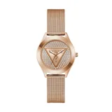 Reloj Guess para mujer, modelo GW0835L3, con caja y malla de acero inoxidable color oro rosa. La esfera está adornada con cristales y presenta el logo triangular de la marca.