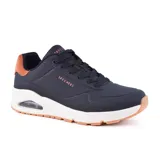 Championes Skechers Street Uno - Suited On Air, color negro con detalles en naranja. Capellada de durabuck en bajorrelieve con ribete de ante en el talón, plantilla Skechers Air-Cooled Memory Foam y media suela Skech-Air con cámara de aire visible.