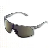 Lentes de sol MDQ modelo Byron, con armazón gris transparente y lentes espejadas.