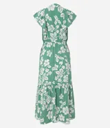 Vestido midi de viscolino con estampado de flores blancas y rayas verticales verdes. Tiene escote en V, mangas cortas amplias y cintura elástica.
