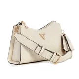 Bandolera Guess color crema con estampado de flores en relieve, correa de hombro ajustable y charm colgante.