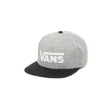 Gorra Vans modelo Drop, color gris con logo blanco bordado en el frente y visera plana negra.