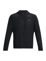 Campera deportiva Under Armour Launch Hooded Jacket, color gris azulado, con cierre frontal completo, capucha y logo en el pecho.