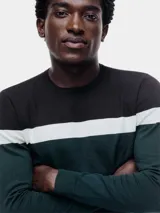 Sweater de punto con cuello redondo, mangas largas y diseño a rayas horizontales en tonos marrón, blanco y verde oscuro.