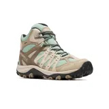 Botas de trekking de caña media Merrell Accentor 3 Mid WP, color beige con detalles en marrón y verde agua. Confeccionadas en ante y malla impermeable, con suela de goma adherente y cordones reciclados.
