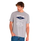 Remera gris de manga corta con estampa frontal del logo de Caterpillar y texto en color blanco.