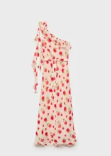 Vestido midi de fiesta color rosa pálido con estampado de rosas rojas, corte al bies, un hombro descubierto con volantes y cierre lateral invisible.