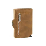Billetera marrón de cuero con caja de aluminio incorporada, sistema de deslizamiento para tarjetas, protección RFID, espacio para billetes y espacio para 5 tarjetas.