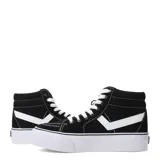 Bota de lona de caña alta, color negro, con cordones blancos y suela de plataforma gruesa blanca. Presenta el logo característico de Pony en blanco en el lateral.