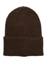 Gorro beanie marrón de punto con parche bordado con el logo "The Rockford Experience" y un árbol baobab.