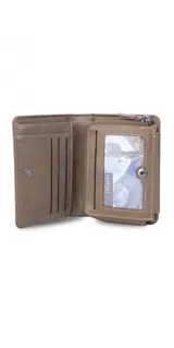 Billetera negra de cuero sintético con broche, monedero con cierre, amplio porta billetes y compartimentos para tarjetas.