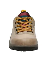 Zapatillas urbanas Hush Puppies modelo Rising Low, color gris con detalles en gris oscuro y rosa. Capellada textil impermeable, cordones rosas y suela de goma marrón.