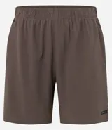 Bermuda deportiva masculina color marrón, con cintura elástica, cordón para ajuste, bolsillos, textura, etiqueta aplicada en la barra y reflectivos laterales.