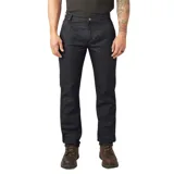 Pantalón de trabajo negro, de corte recto, con bolsillos laterales y traseros.