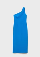 Vestido de fiesta midi azul eléctrico, con escote asimétrico y detalle de capa sobre un hombro. Diseño ajustado al cuerpo con cierre lateral invisible.