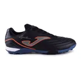 Championes de fútbol 5 Joma Águila 2401 TF, color negro con detalles en azul y naranja. Fabricados en PVC resistente, con contrafuerte interior EXO COUNTER y suela de material sintético con tacos para césped artificial.