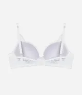 Soutien blanco de encaje floral con textura, modelo base con tirantes ajustables y copa hueca.