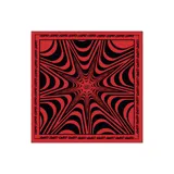 Bandana cuadrada roja con estampado abstracto en negro y borde con texto repetido. Accesorio versátil de seda suave, ideal para usar como vincha, pañuelo o cuello.