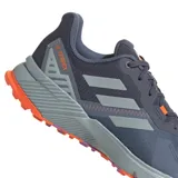 Zapatillas de trail running Adidas Terrex Soulstride, color azul con detalles en gris, naranja y violeta.