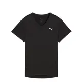 Remera deportiva Puma Ess V-Neck, color negro, con cuello en V y logo Puma Cat estampado en blanco en el pecho.